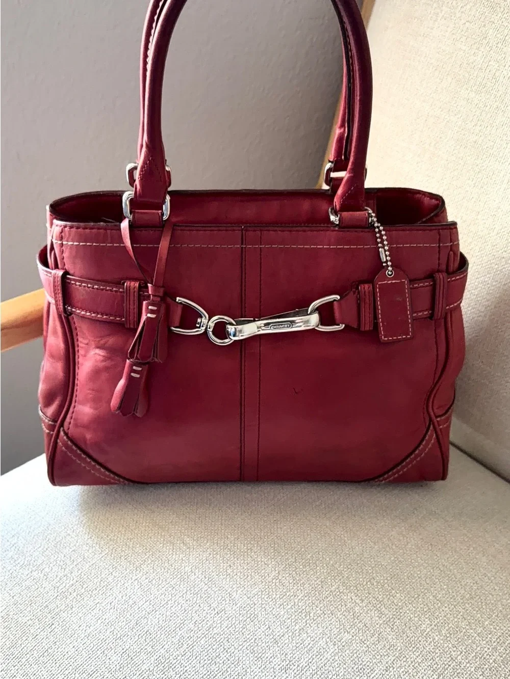 Coach Burgundy Leather Satchel with Silver Hardware